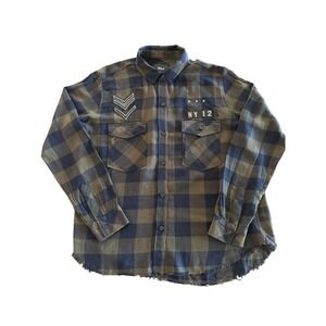 Rails Plaid Flannel Shirt Olive Green Blue Fringe Hem NY12 Chevron Star Details